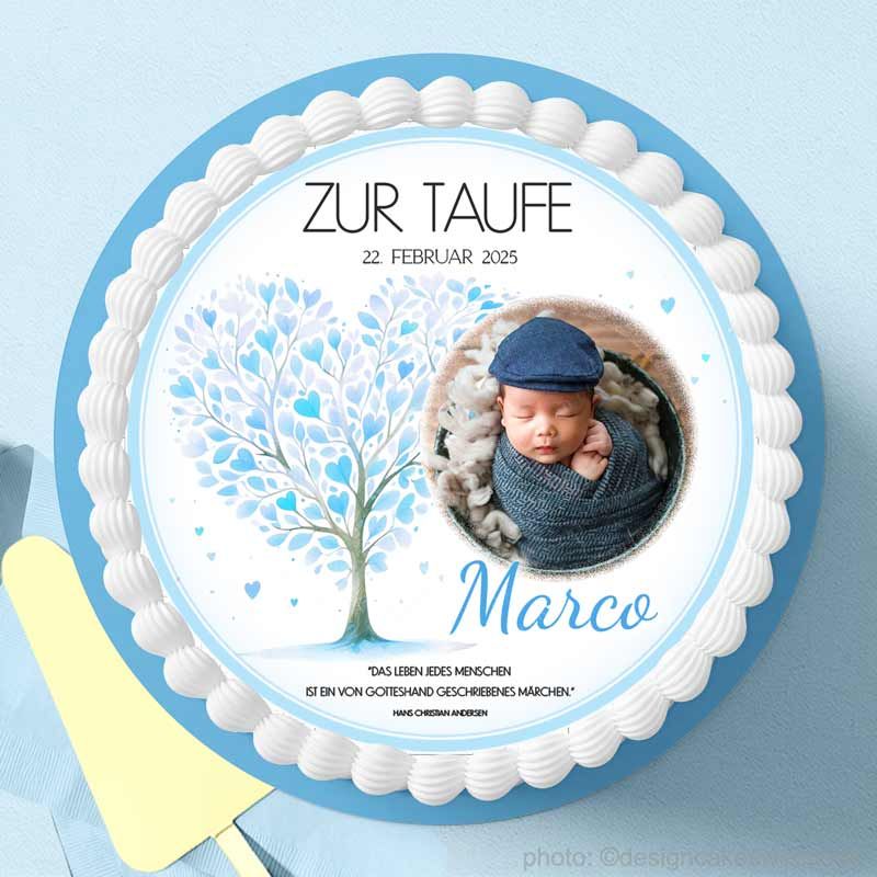 Essbare Tortendeko Taufe Junge rund, mit Wunschtext, Foto für Torte zur Taufe online gestalten, mit Lebensbaum Design